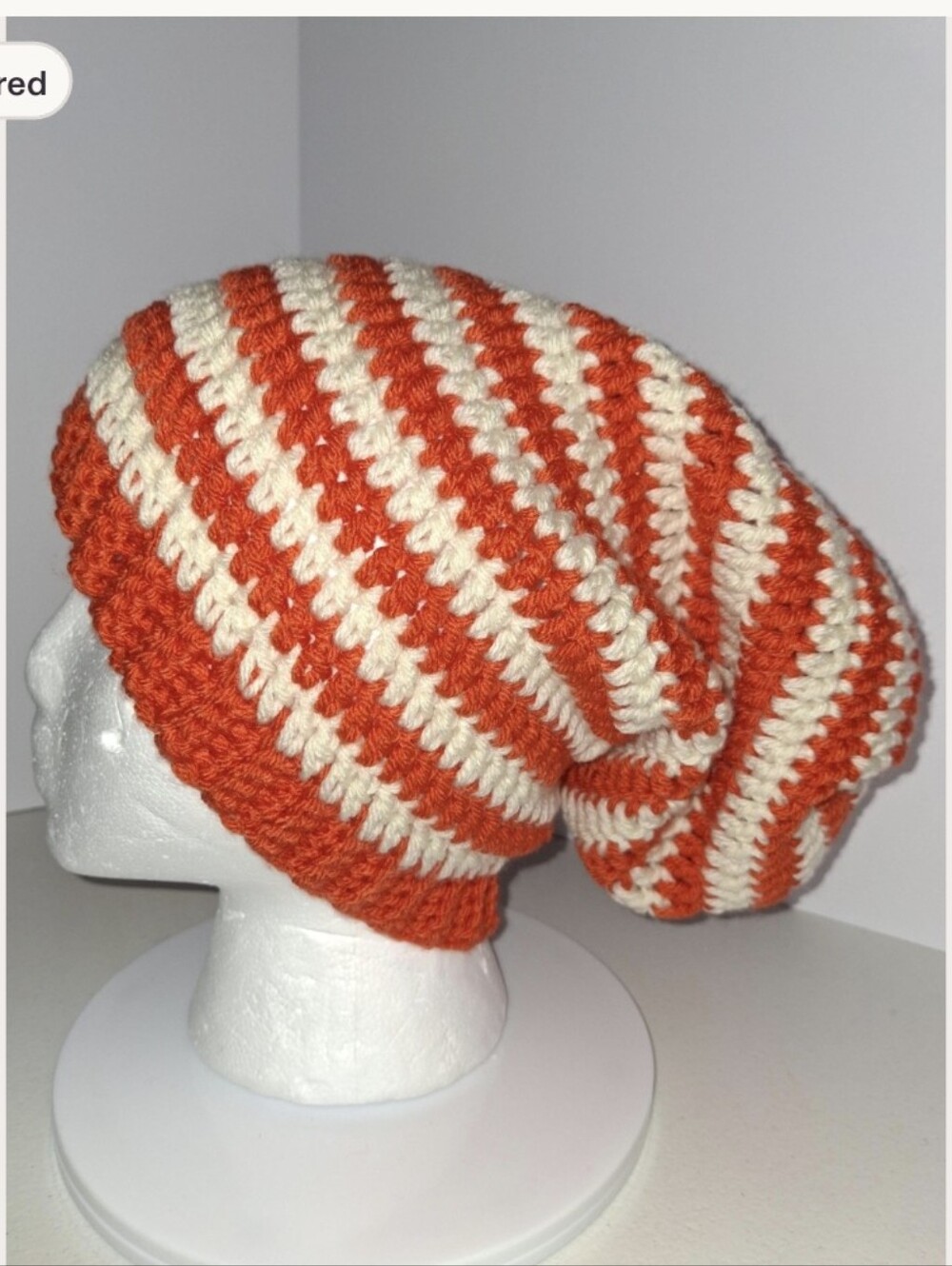 Beanie Slouchy Cap XL Orange And Beige Striped Crocheted Handmade
